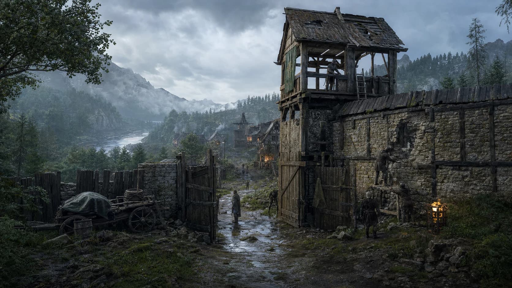 A repaired medieval gate reopening after the storm