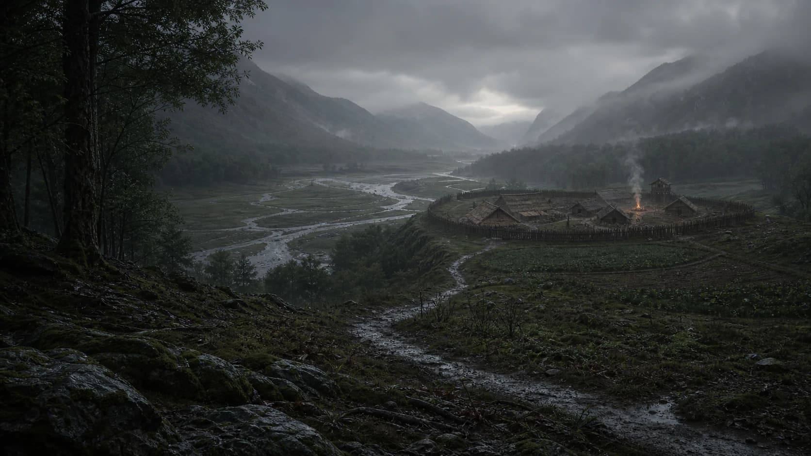 A small palisaded settlement overlooking the rain-dark Hochwald Valley